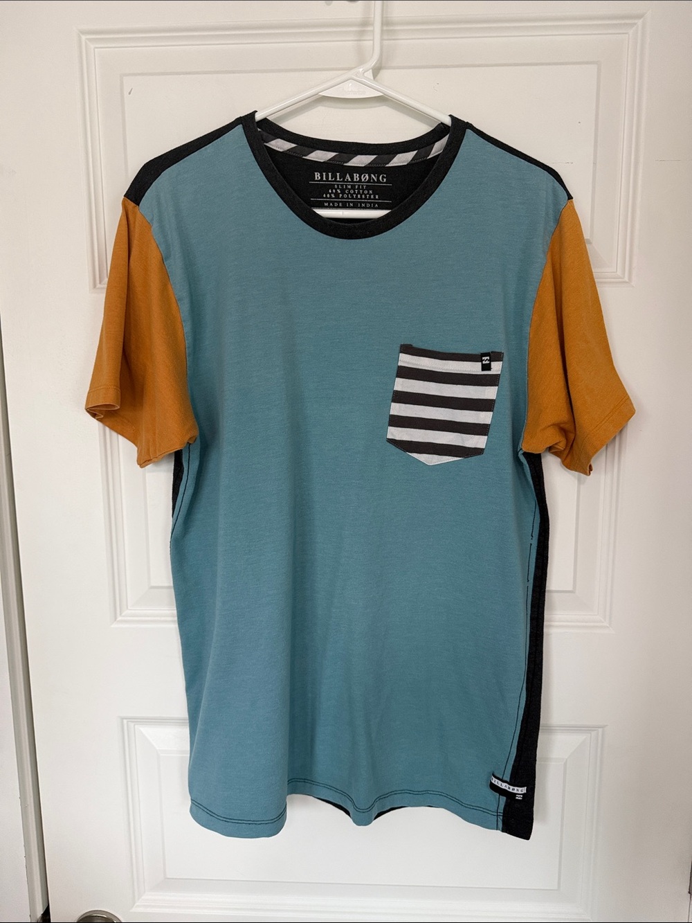 Billabong Teal Body with Mustard Sleeves Striped Pocket Tee